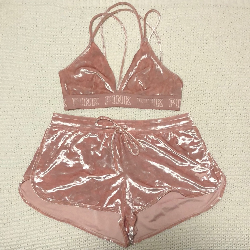 Pink Crushed Velvet Bralette & Shorts Set